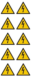 Warnzeichen Achtung: Hochspannung! - Stromführendes Gerät! - Vorsicht, Stromschlaggefahr, nicht berühren - Warnaufkleber selbstklebende Folie 10 Stück, Seite - 5cm